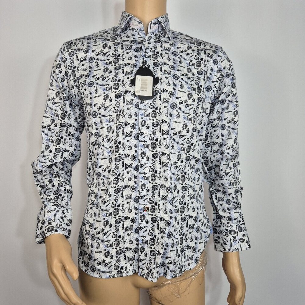 Visconti Black Button Up Flip Cuff Long Sleeve Shirt Men's Size S Black White (8